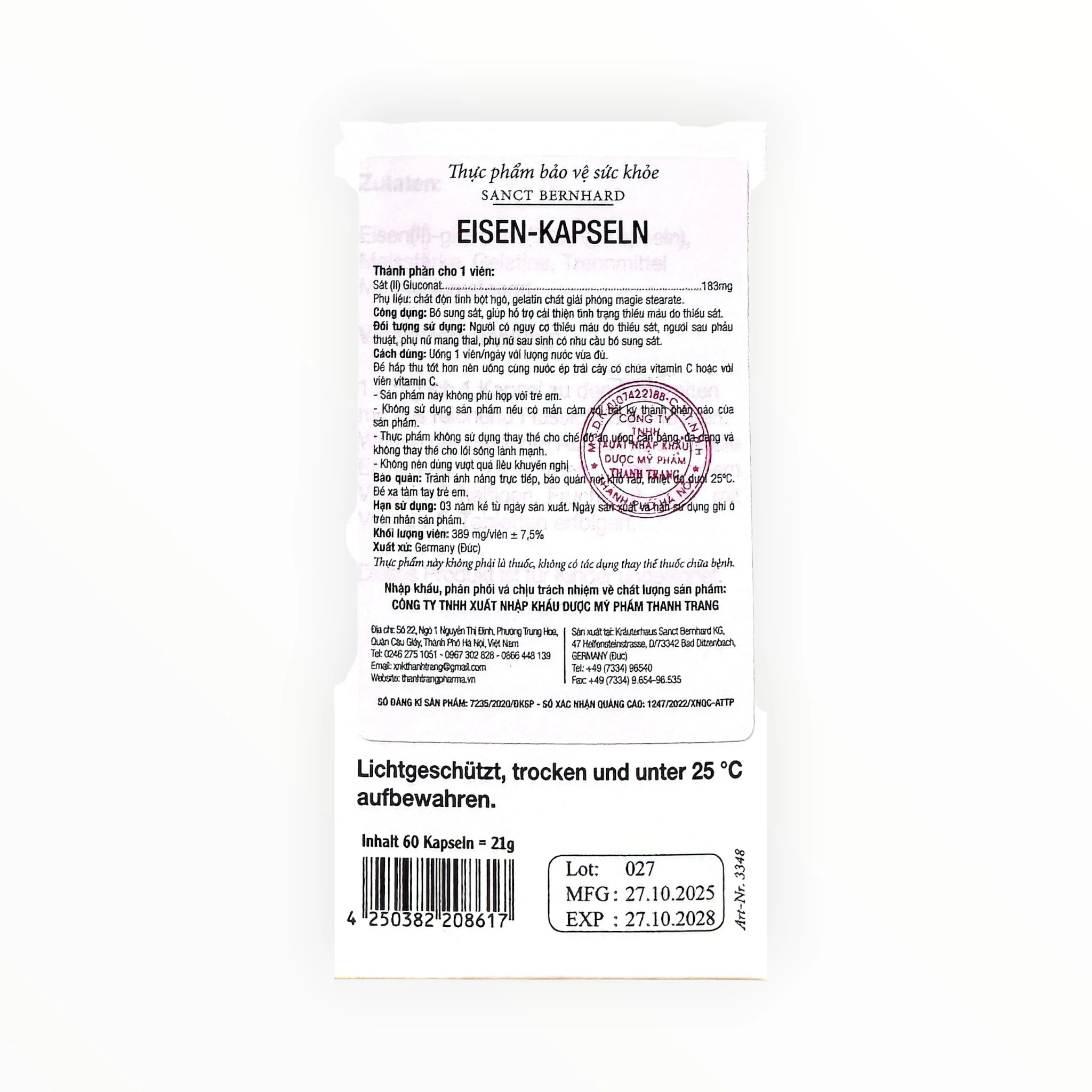 Viên nang Eisen-Kapseln bổ sung sắt, hỗ trợ cải thiện thiếu máu do thiếu sắt (Hộp 60 viên) 2 Eisen-Kapseln - hộp