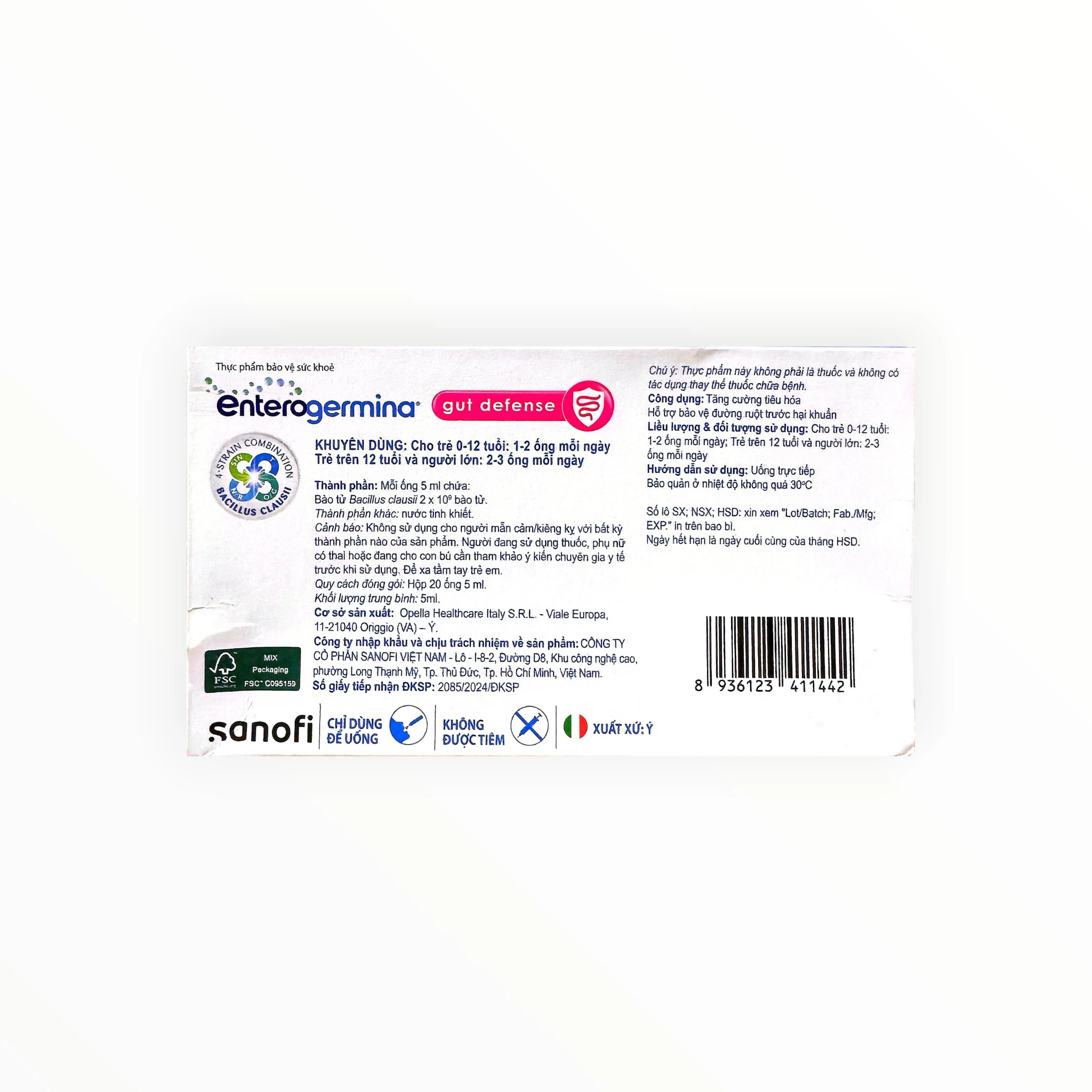 Hỗn dịch uống Enterogermina Gut Defense tăng cường tiêu hóa, bảo vệ đường ruột (Hộp 20 ống x 5ml) 3 Enterogermina Gut Defense - hộp 3