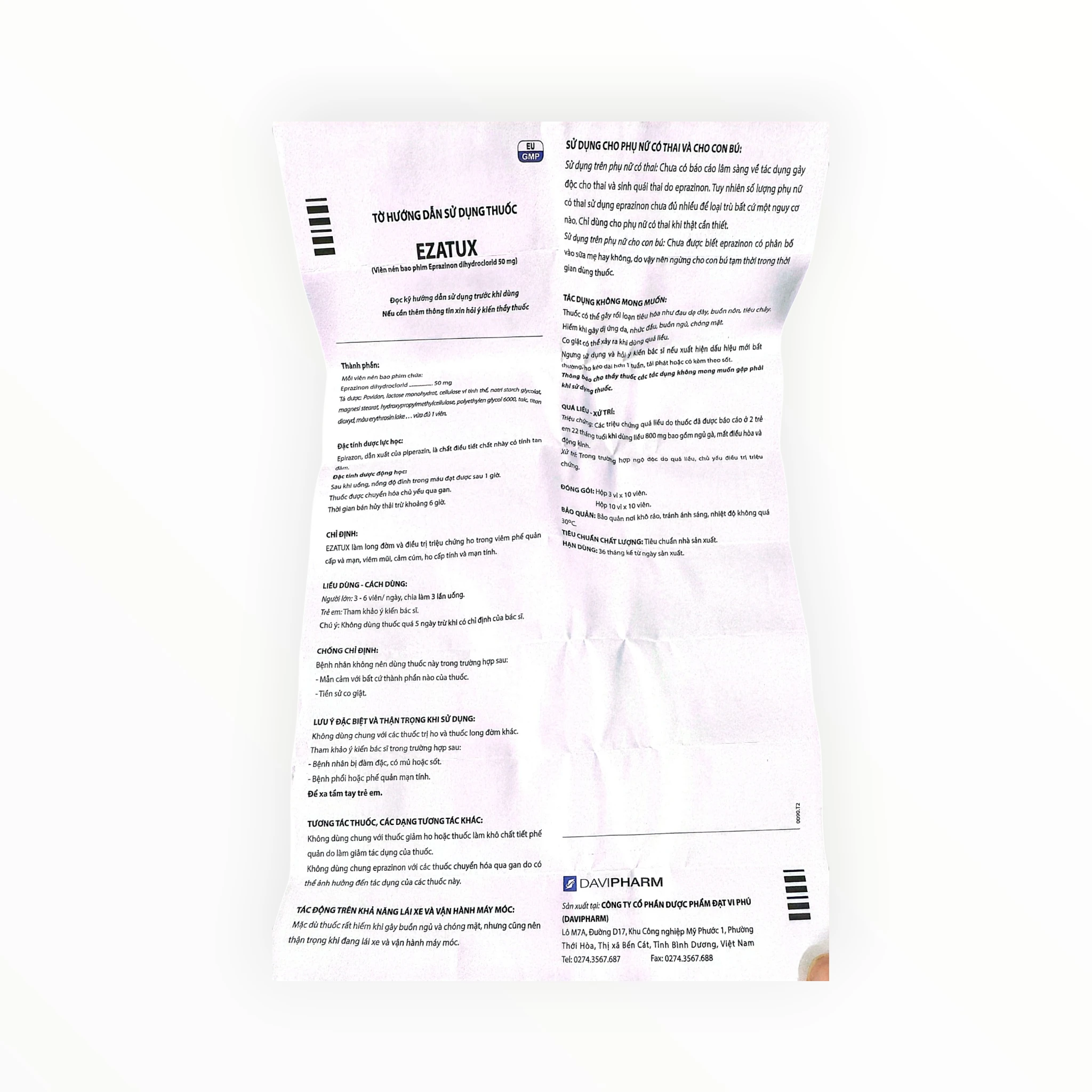 Thuốc Ezatux 50mg (Eprazinon dihydroclorid) long đờm, trị ho - Davipharm 3 Thuốc Ezatux 50mg (Eprazinon dihydroclorid) long đờm, trị ho - Davipharm - tờ hướng dẫn sử dụng 1