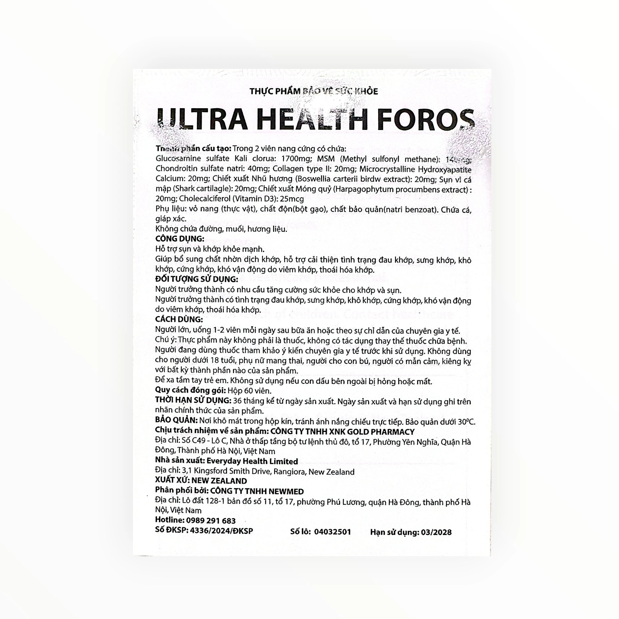 Viên nang cứng Foros UltraHealth hỗ trợ sụn khớp, giảm đau khớp, thoái hóa khớp (Hộp 60 viên) 2 Foros UltraHealth - hộp 2