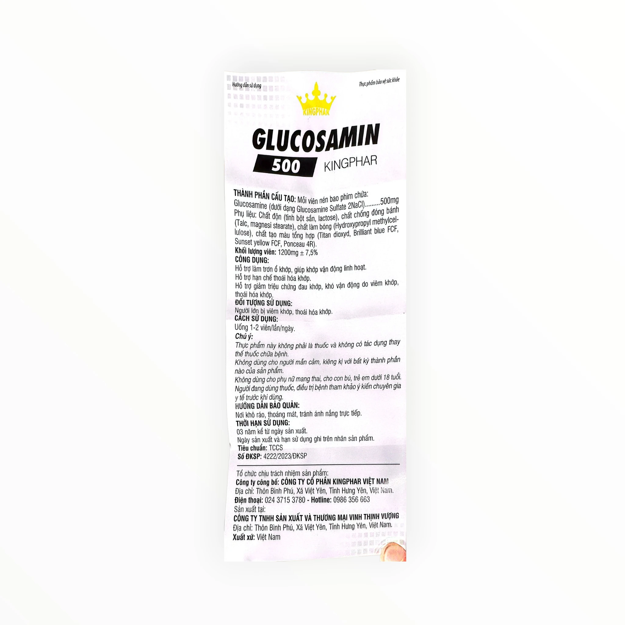 Viên nén bao phim Glucosamin 500 Kingphar hỗ trợ khớp linh hoạt, giảm thoái hóa khớp (Hộp 10 vỉ x 10 viên) 4 Glucosamin 500 Kingphar - tờ hướng dẫn sử dụng 1