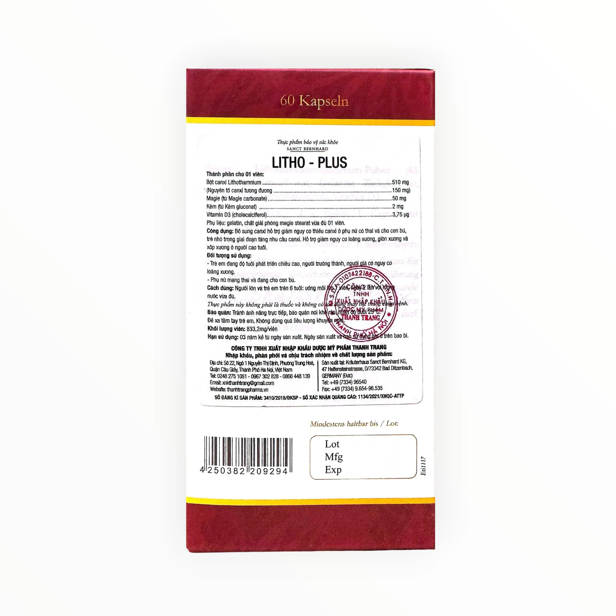 Viên nang Litho Plus hỗ trợ bổ sung canxi, giảm loãng xương (Hộp 60 viên) 6 Litho Plus Sanct Bernhard - hộp 6