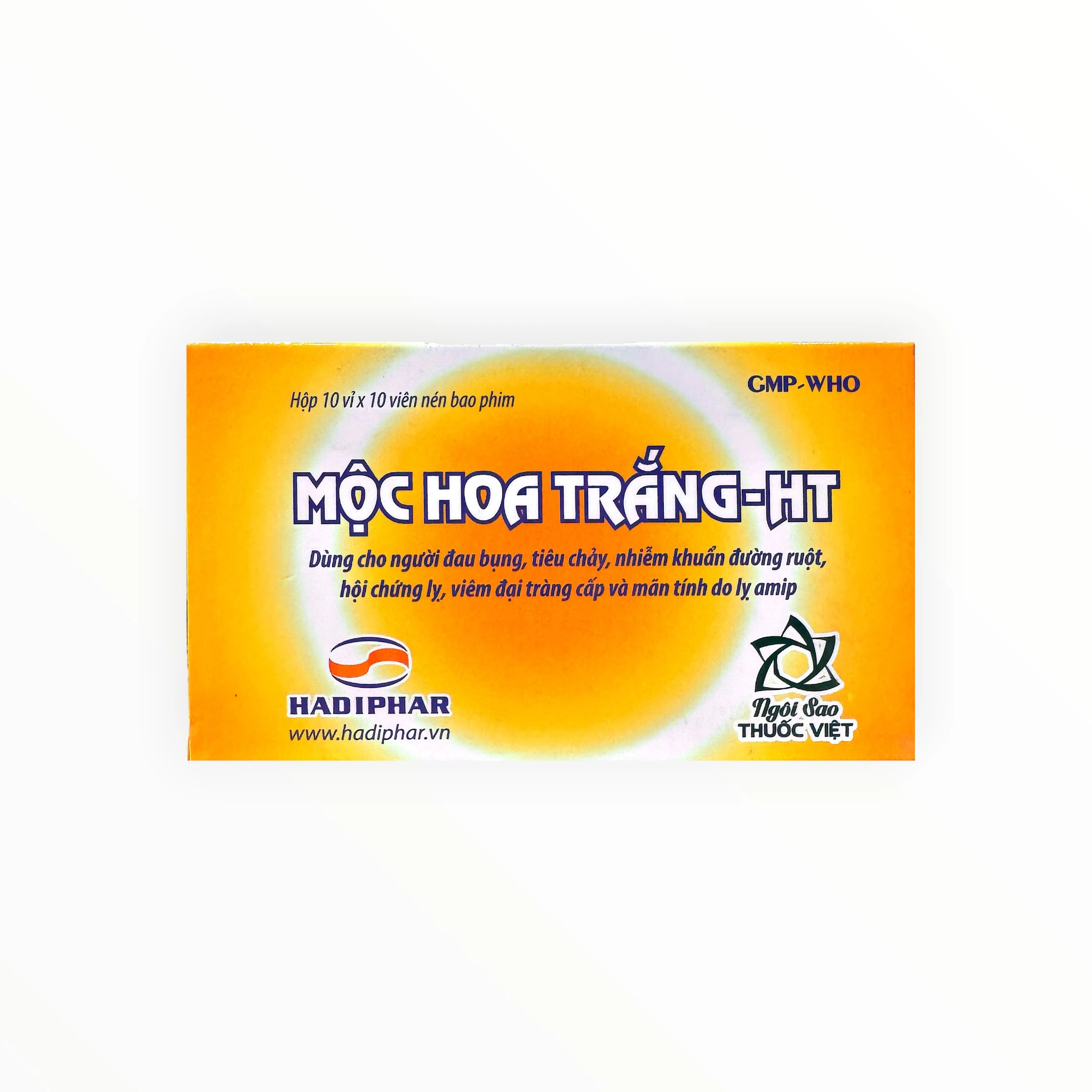 Thuốc Mộc Hoa Trắng-HT điều trị đau bụng, tiêu chảy, viêm đại tràng do lỵ amip (Hộp 10 vỉ x 10 viên) 1 Mộc Hoa Trắng-HT - hộp 1