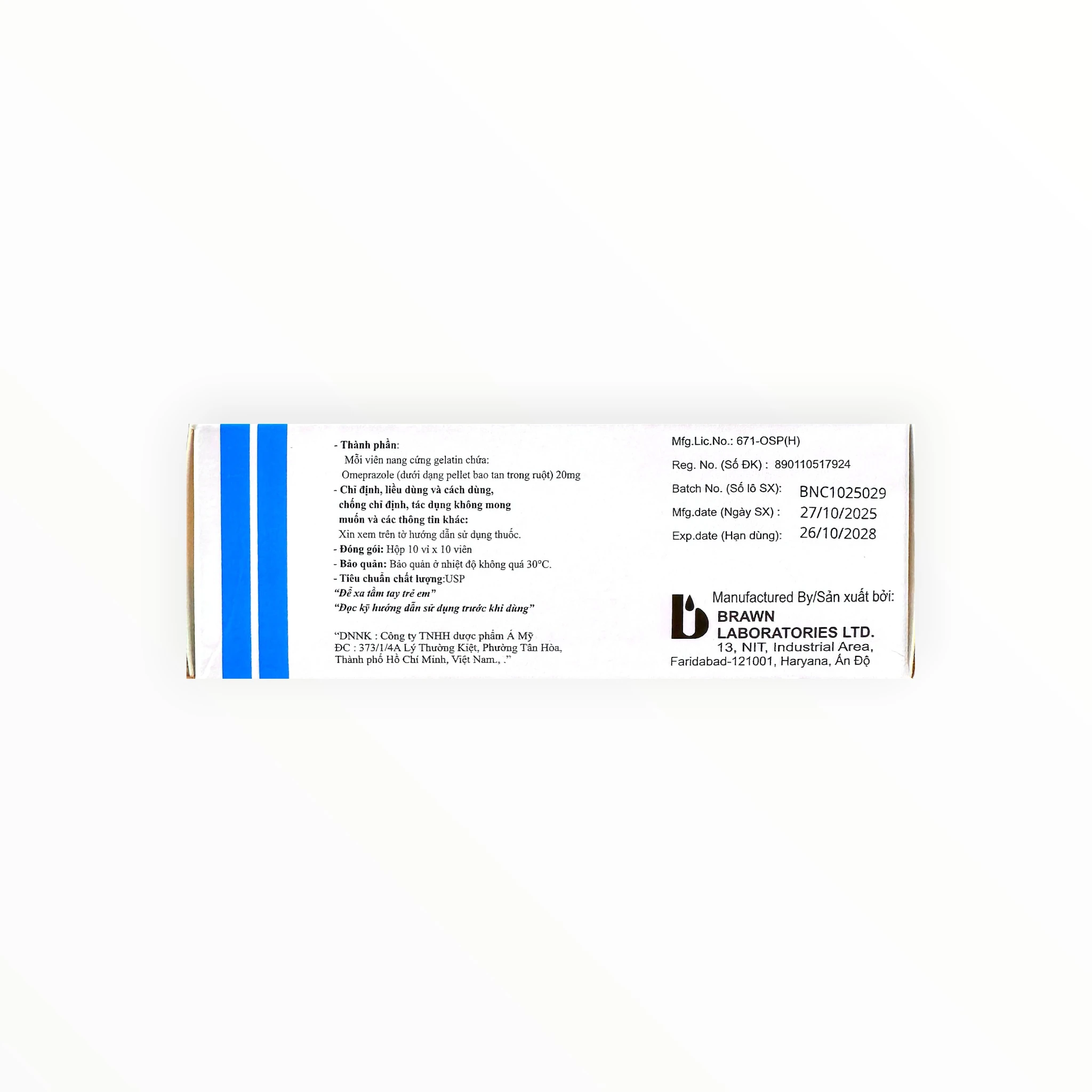 Thuốc Omeprazole 20mg Brawn điều trị loét dạ dày tá tràng, viêm thực quản trào ngược (Hộp 10 vỉ x 10 viên) 3 Omeprazole Delayed-Release Capsules USP - hộp 3