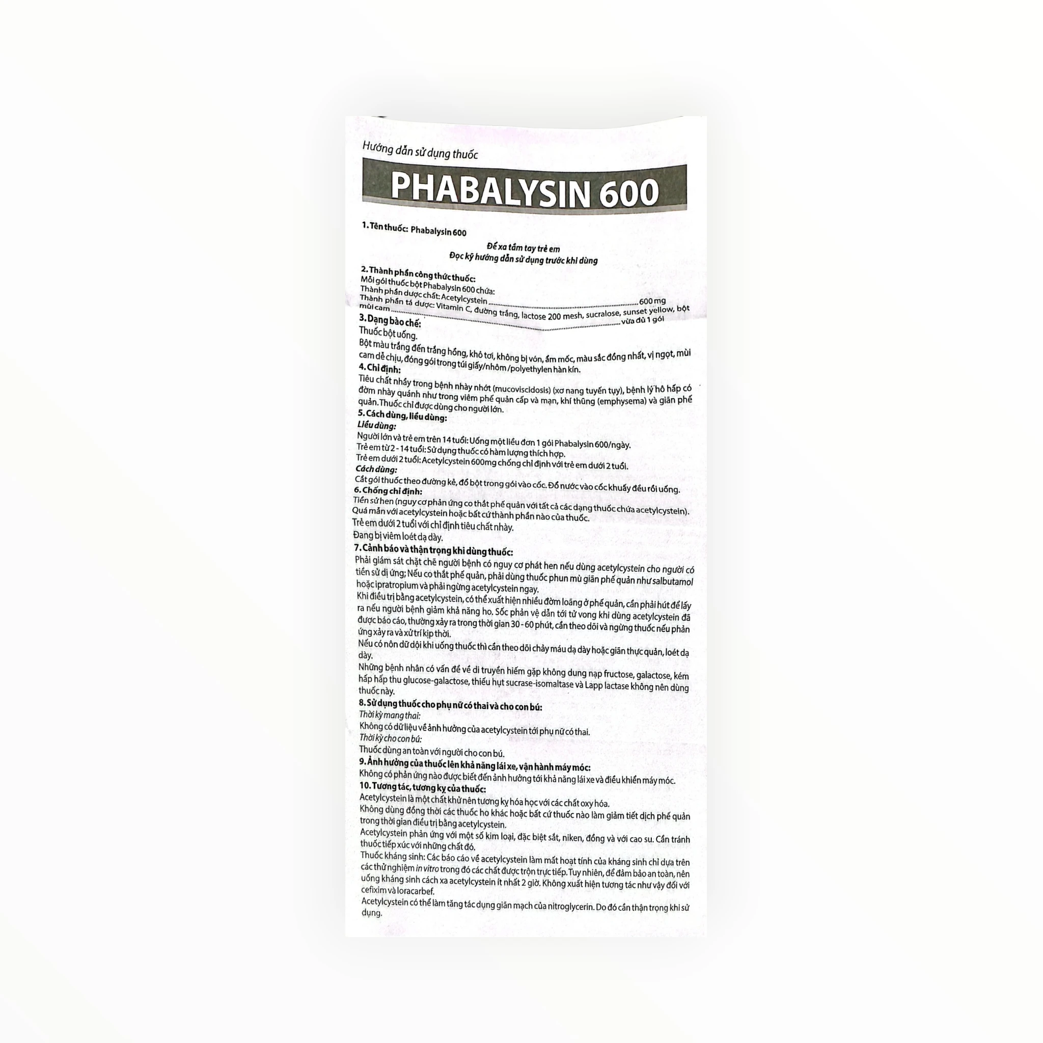 Thuốc Phabalysin 600 Acetylcystein 600mg tiêu chất nhầy đường hô hấp (Hộp 30 gói x 2g) 4 Thuốc Phabalysin 600 Acetylcystein 600mg tiêu chất nhầy đường hô hấp (Hộp 30 gói x 2g) - tờ hướng dẫn sử dụng 1