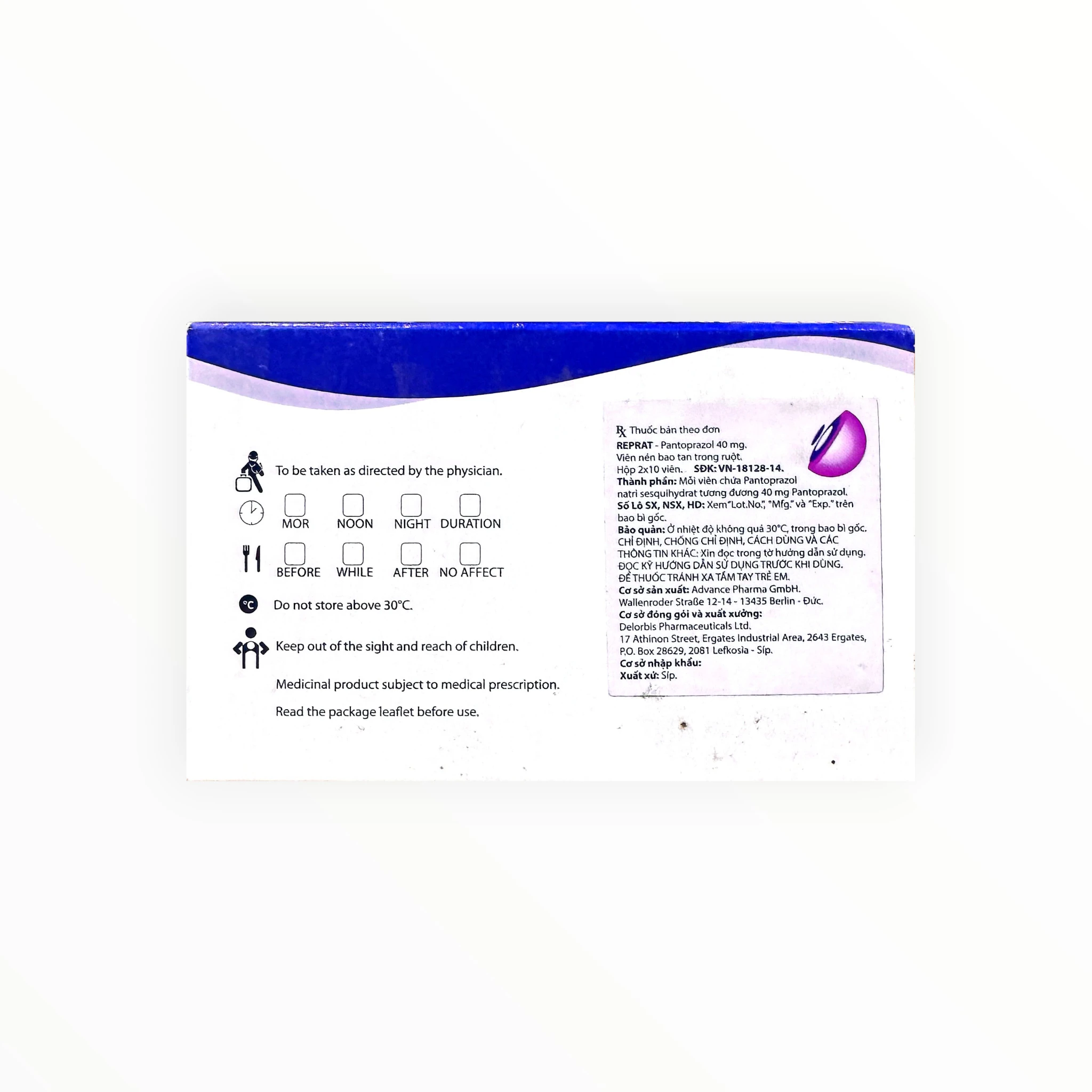 Thuốc Reprat 40mg Pantoprazol điều trị trào ngược dạ dày thực quản, loét dạ dày tá tràng (Hộp 2 vỉ x 10 viên) 2 Reprat - hộp 2