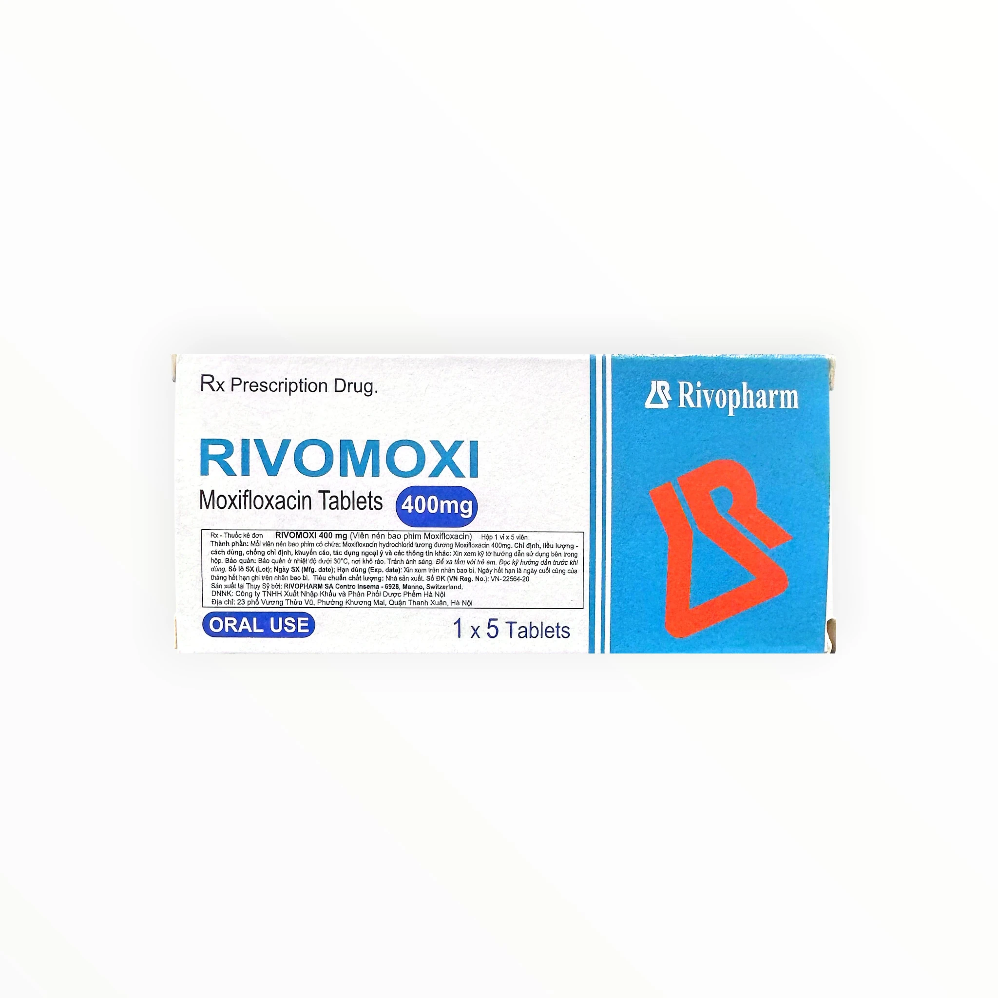 Thuốc Rivomoxi 400mg Moxifloxacin điều trị viêm phổi mắc phải ở cộng đồng, viêm xoang cấp, đợt cấp viêm phế quản mạn, viêm vùng chậu (Hộp 1 vỉ x 5 viên) 3 Thuốc Rivomoxi 400mg Moxifloxacin điều trị viêm phổi mắc phải ở cộng đồng, viêm xoang cấp, đợt cấp viêm phế quản mạn, viêm vùng chậu (Hộp 1 vỉ x 5 viên) - hộp 3