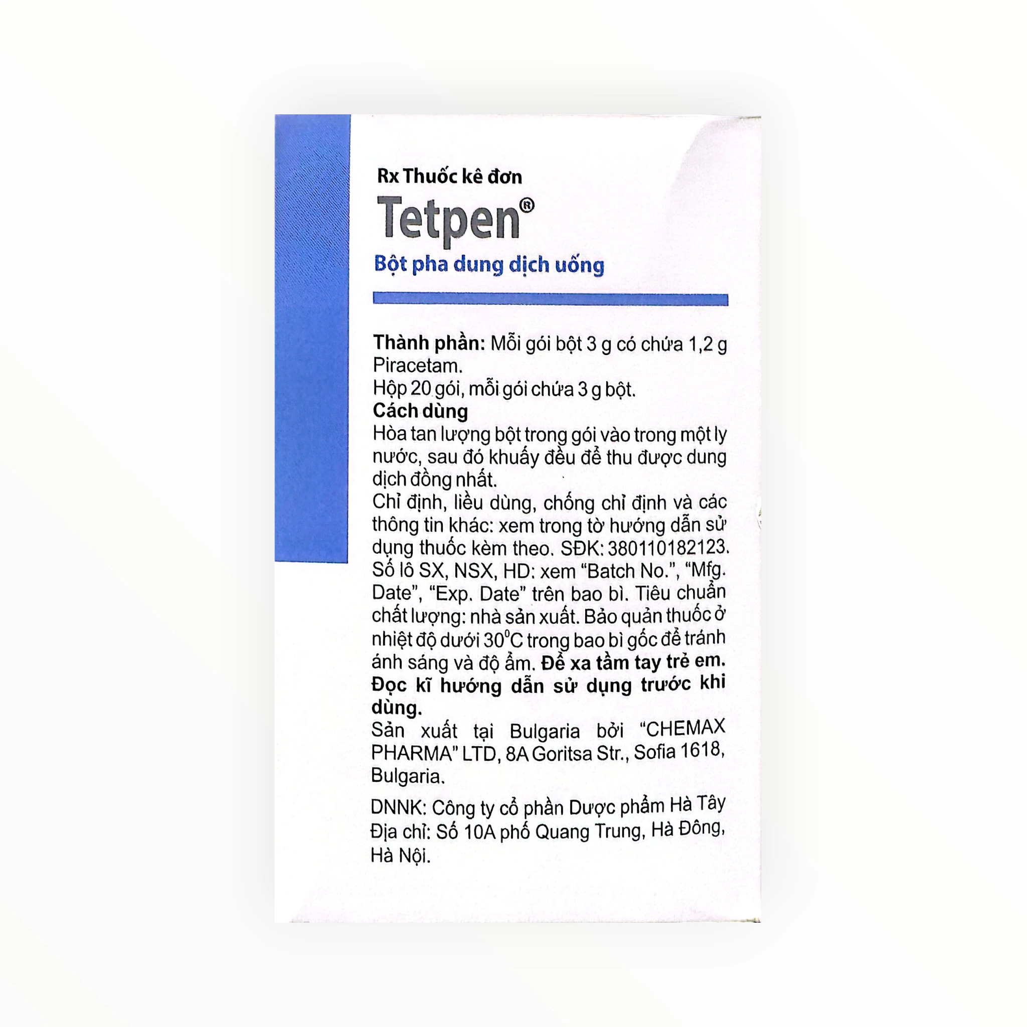 Thuốc bột Tetpen 1,2g Piracetam pha dung dịch uống hỗ trợ tuần hoàn não (Hộp 20 gói x 3g) 3 Thuốc bột Tetpen 1,2g Piracetam pha dung dịch uống hỗ trợ tuần hoàn não (Hộp 20 gói x 3g) - hộp 3