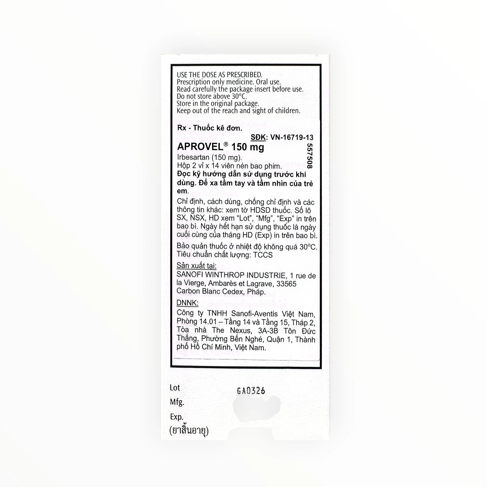 Thuốc Aprovel 150mg Irbesartan điều trị tăng huyết áp (Hộp 2 vỉ x 14 viên) 2 Hộp thuốc Aprovel 150mg Irbesartan