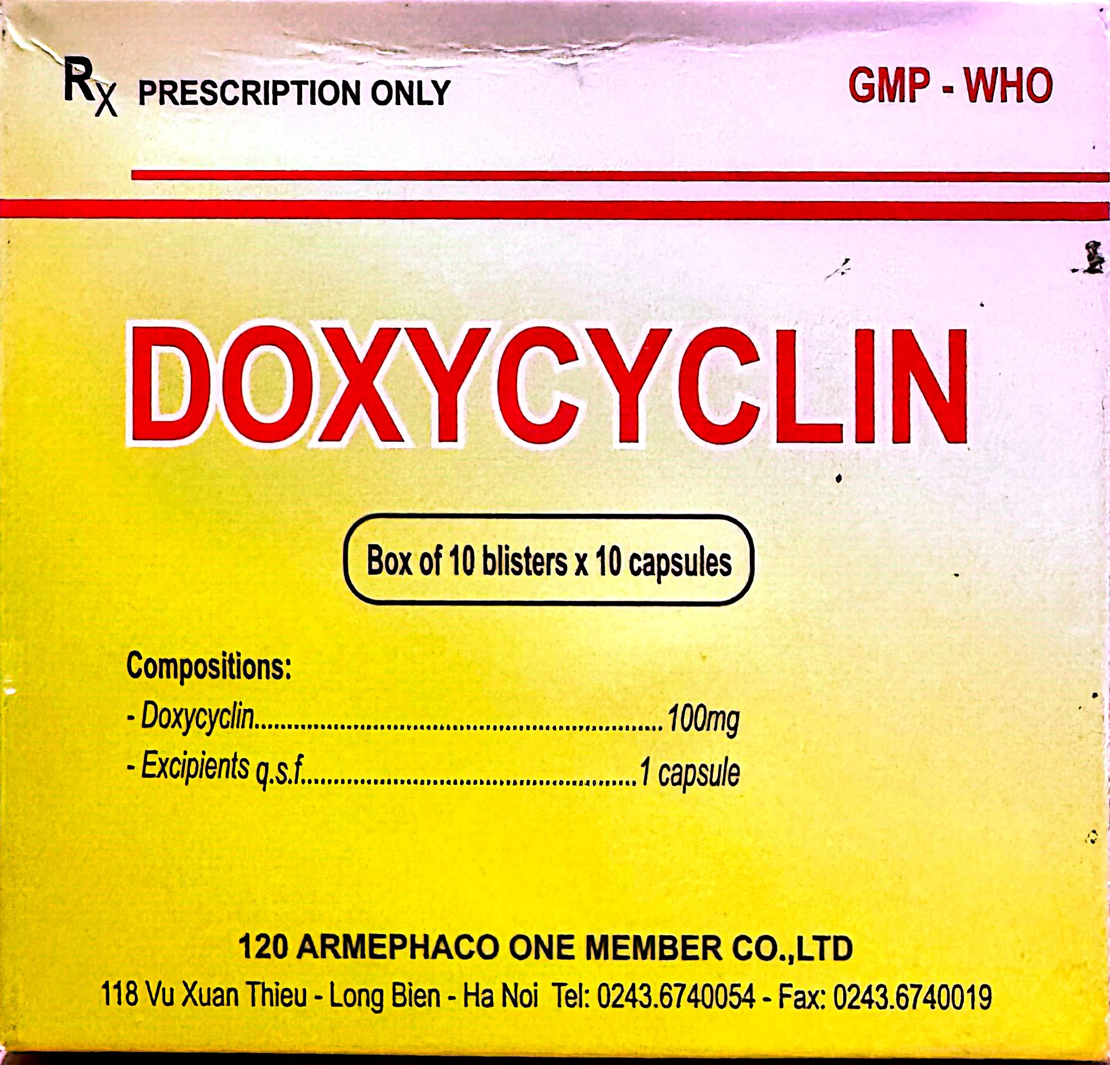 Thuốc Doxyclin 100mg Doxycyclin điều trị tả, sốt hồi quy, nhiễm khuẩn do Chlamydia, Ureaplasma (Hộp 10 vỉ x 10 viên) 1 Hộp thuốc Doxyclin 100mg Doxycyclin