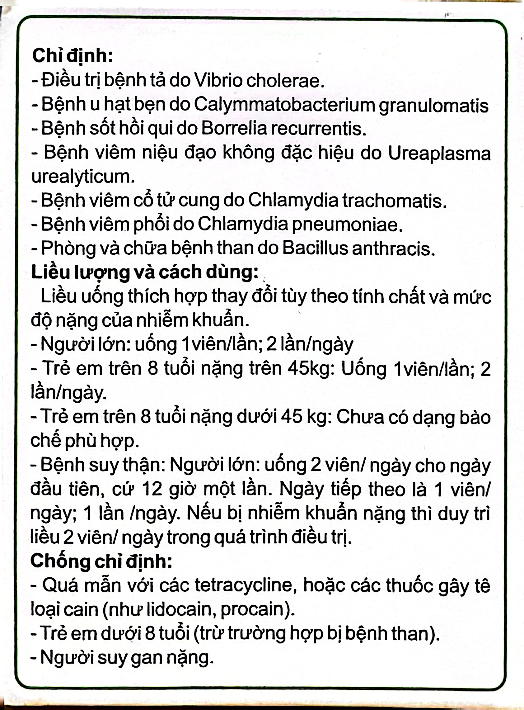 Thuốc Doxyclin 100mg Doxycyclin điều trị tả, sốt hồi quy, nhiễm khuẩn do Chlamydia, Ureaplasma (Hộp 10 vỉ x 10 viên) 2 Hộp thuốc Doxyclin 100mg Doxycyclin