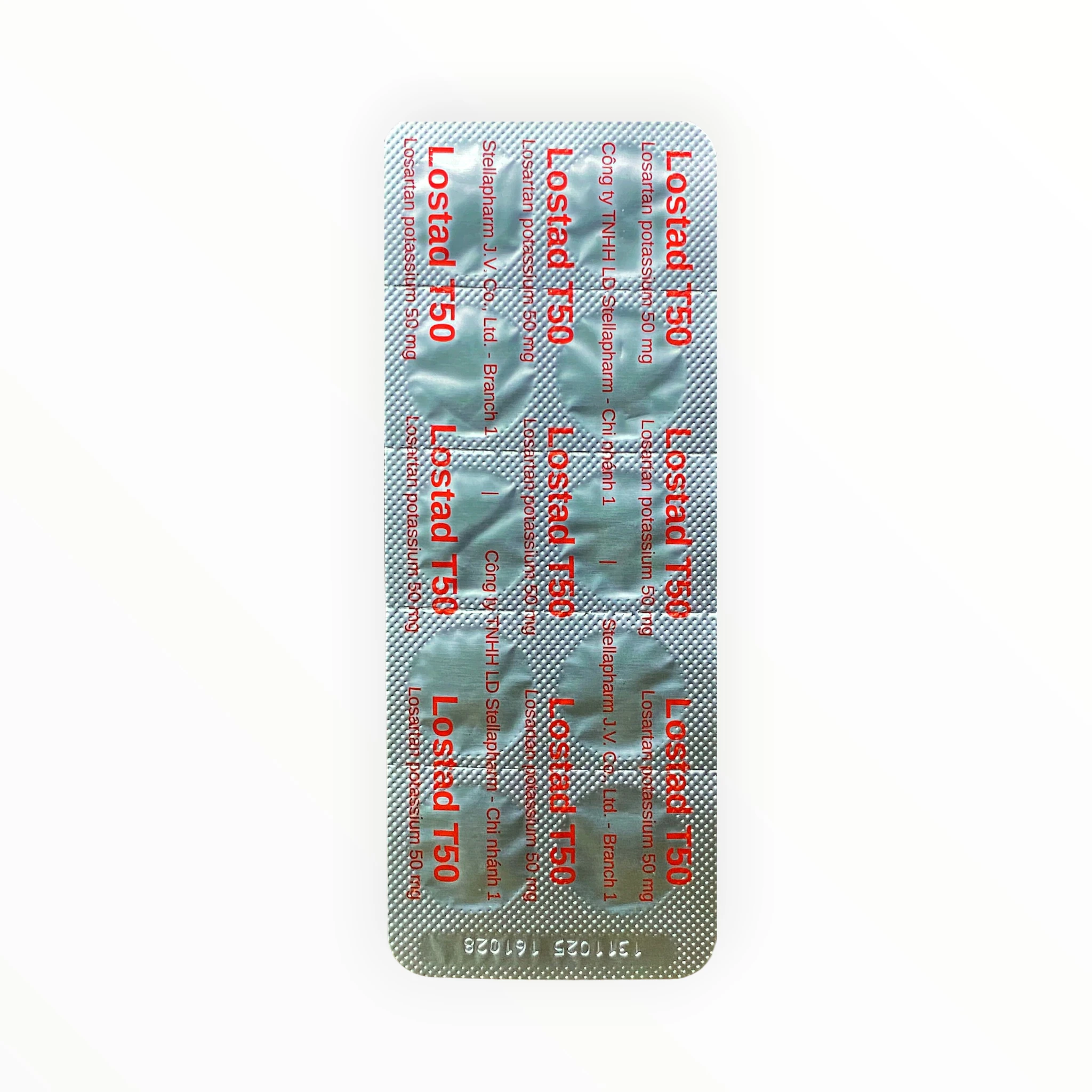 Thuốc Lostad T50 Losartan 50mg điều trị tăng huyết áp (Hộp 3 vỉ x 10 viên) 5 Vỉ thuốc Lostad T50 Losartan 50mg