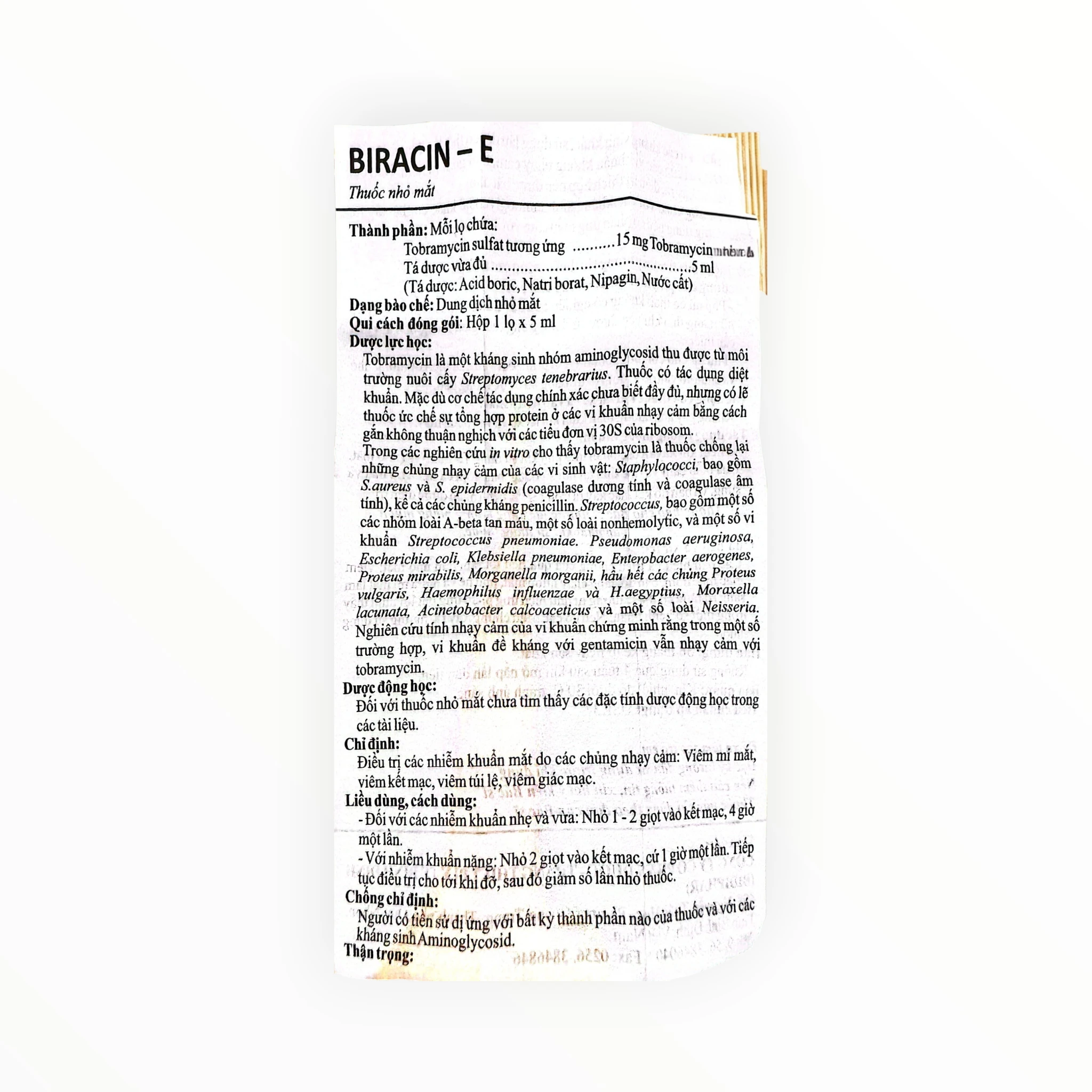 Thuốc nhỏ mắt Biracin-E Tobramycin 0,3% điều trị nhiễm khuẩn mắt (Hộp 1 lọ 5ml) 5 Tờ hướng dẫn sử dụng thuốc nhỏ mắt Biracin-E Tobramycin 0,3%