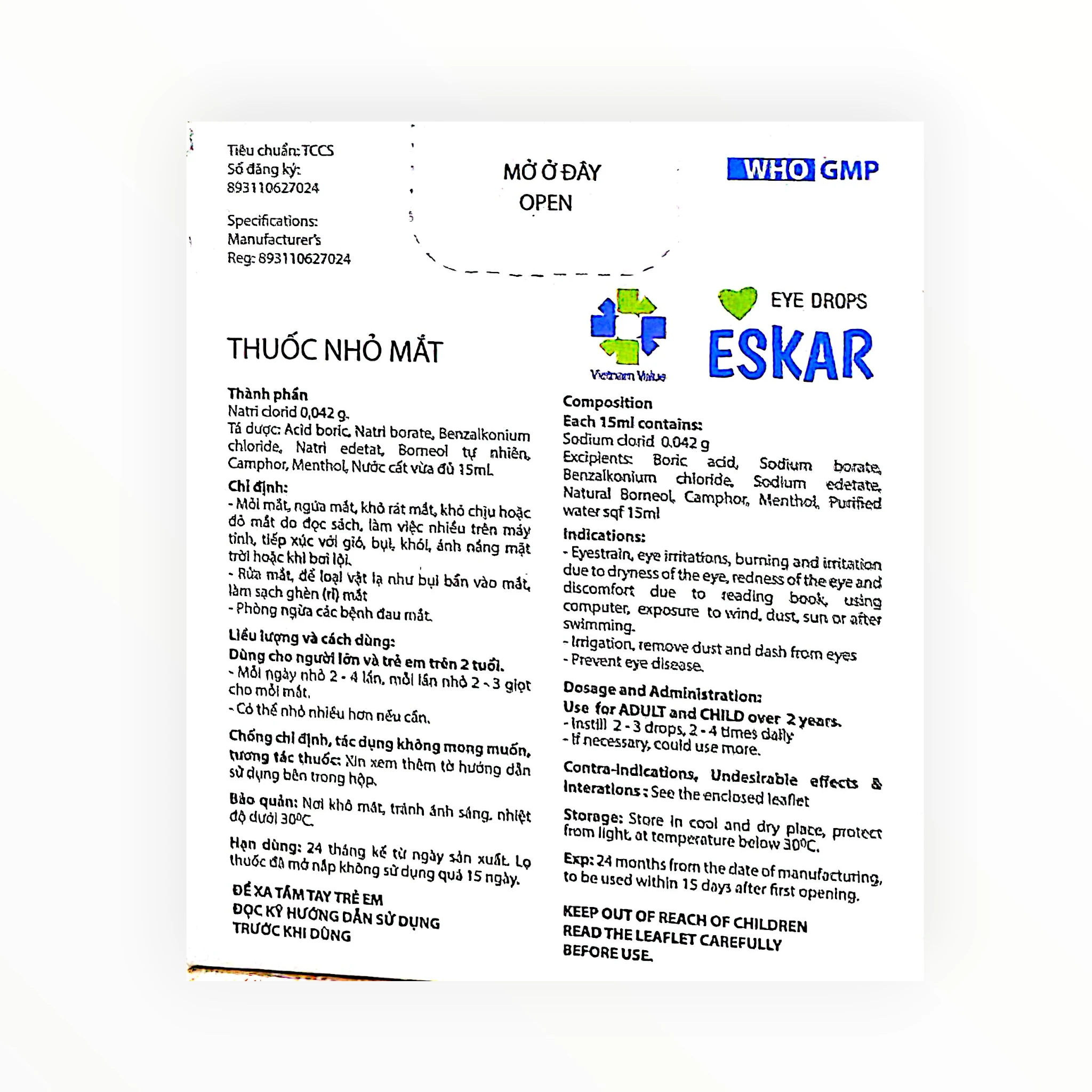 Thuốc nhỏ mắt Eskar làm dịu mỏi mắt, khô rát mắt, rửa mắt (Hộp 1 lọ 15ml) 3 Hộp thuốc nhỏ mắt Eskar