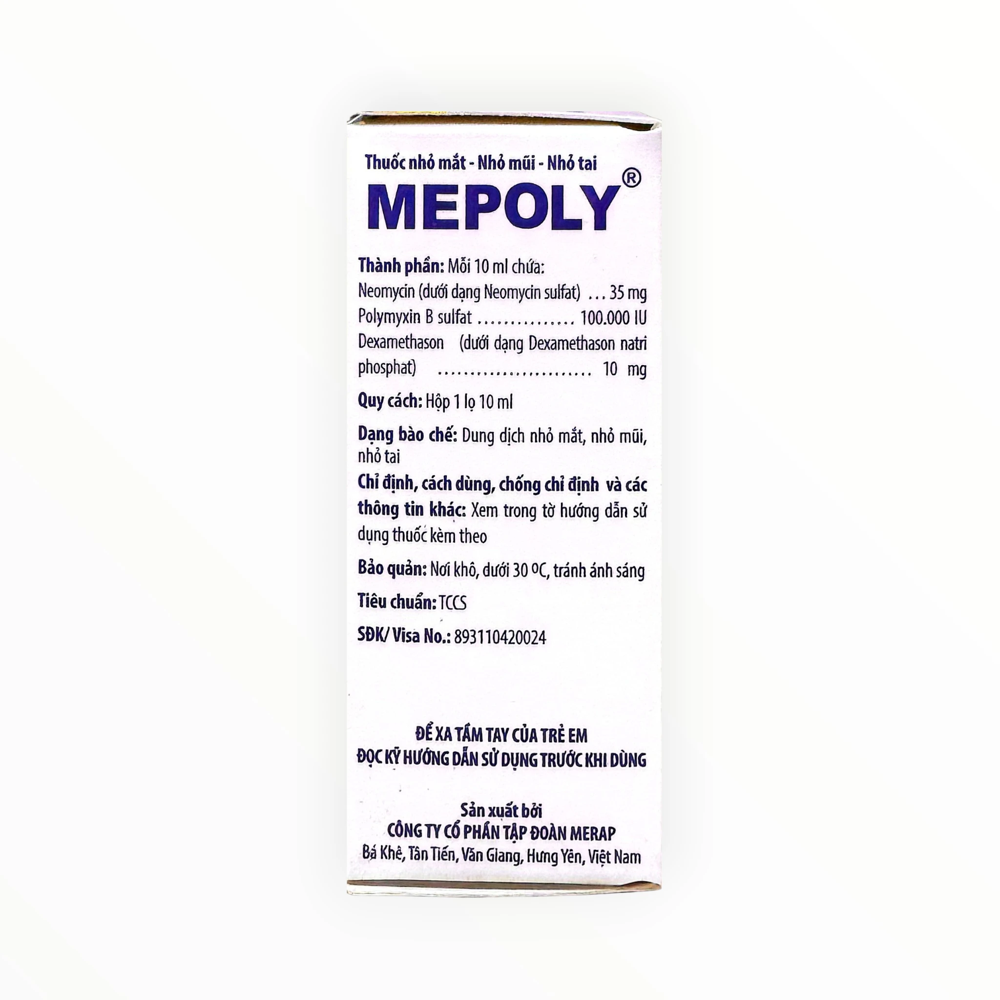 Thuốc nhỏ mắt, mũi, tai Mepoly Neomycin, Polymyxin B, Dexamethason kháng viêm - kháng khuẩn (Hộp 1 lọ 10ml) 3 Hộp thuốc nhỏ mắt, mũi, tai Mepoly Neomycin, Polymyxin B, Dexamethason