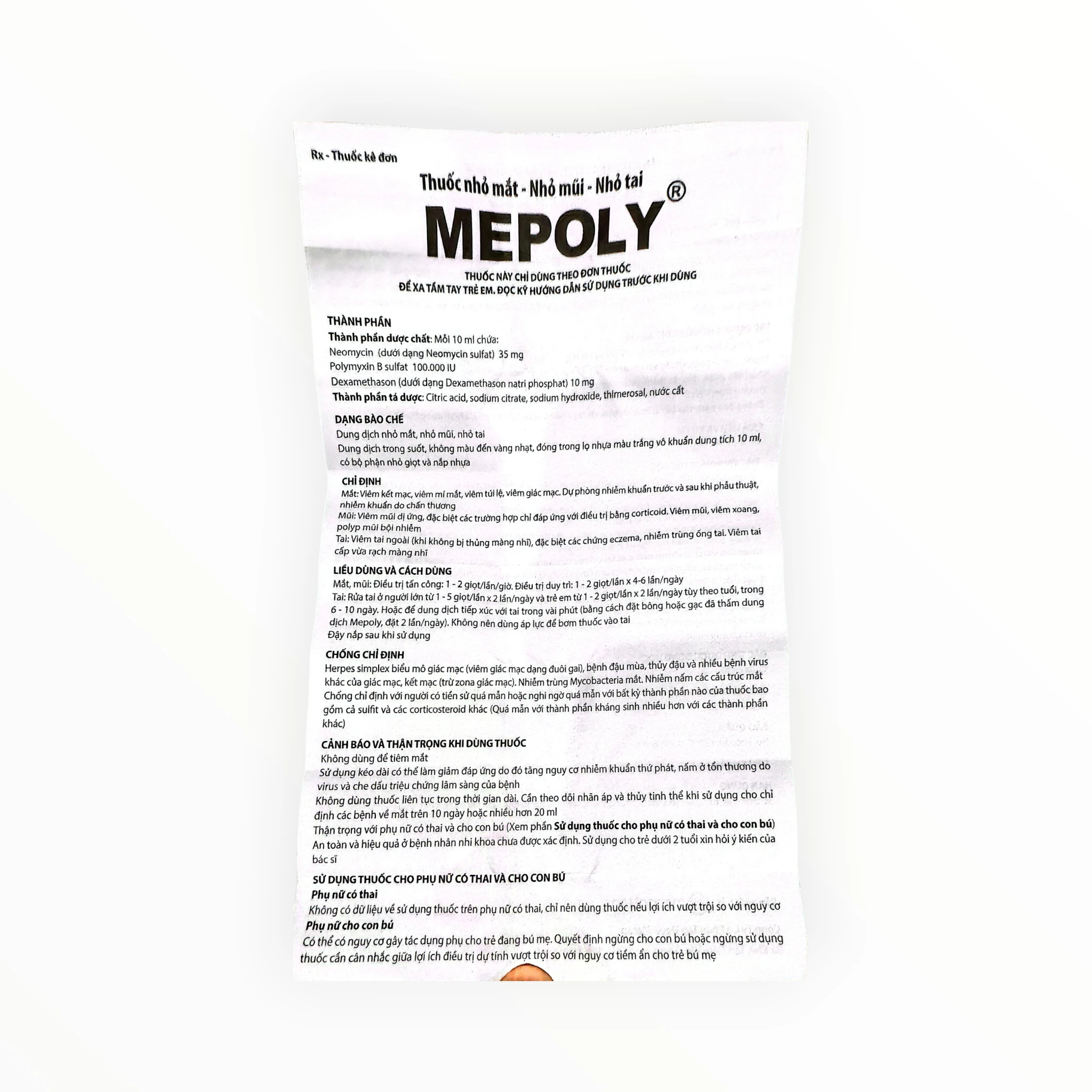Thuốc nhỏ mắt, mũi, tai Mepoly Neomycin, Polymyxin B, Dexamethason kháng viêm - kháng khuẩn (Hộp 1 lọ 10ml) 5 Tờ hướng dẫn sử dụng thuốc nhỏ mắt, mũi, tai Mepoly Neomycin, Polymyxin B, Dexamethason