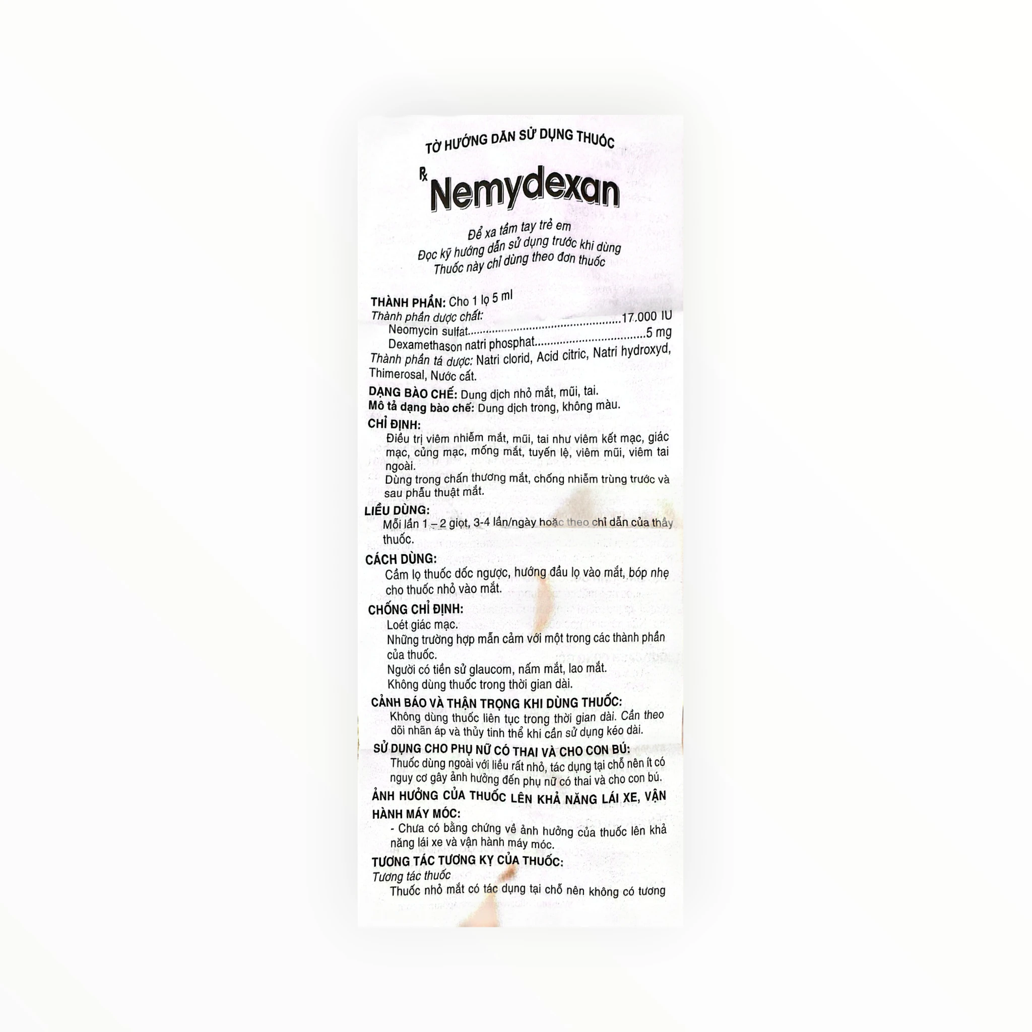 Thuốc nhỏ mắt, mũi, tai Nemydexan Neomycin, Dexamethason kháng viêm - kháng khuẩn (Hộp 1 lọ 8ml) 5 Tờ hướng dẫn sử dụng thuốc nhỏ mắt, mũi, tai Nemydexan Neomycin, Dexamethason