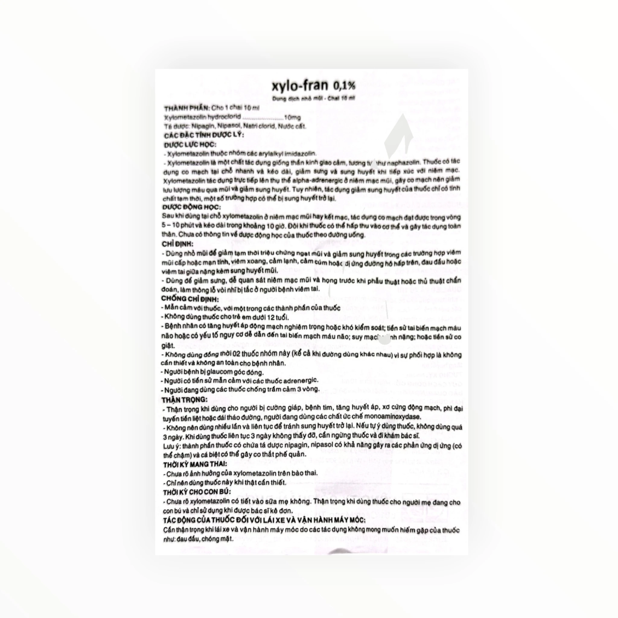 Thuốc nhỏ mũi Xylo-fran 0,1% Xylometazolin giảm nghẹt mũi cho người lớn, trẻ trên 12 tuổi (Chai 10ml) 2 Tờ hướng dẫn sử dụng thuốc nhỏ mũi Xylo-fran 0,1% Xylometazolin