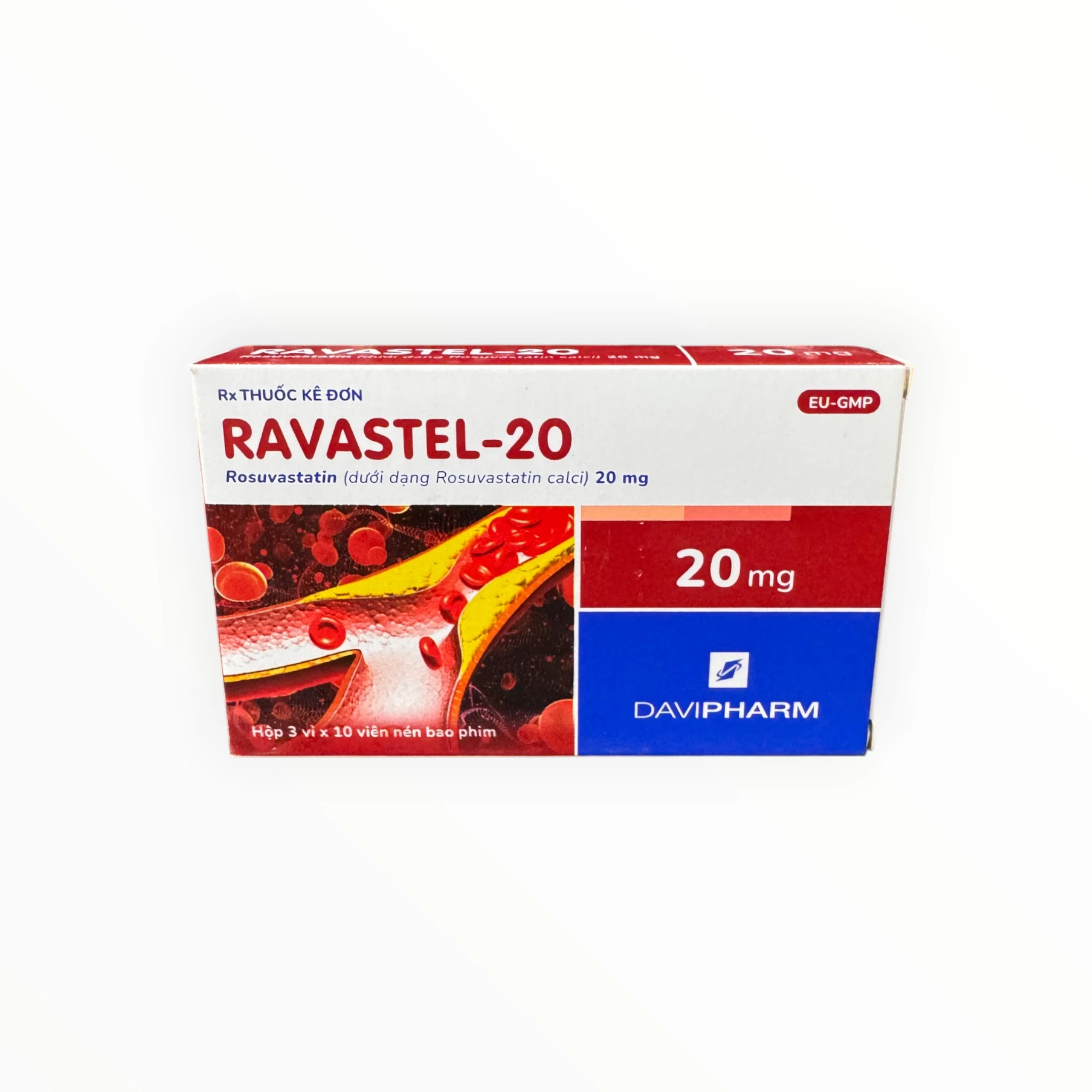 Thuốc Ravastel-20 Rosuvastatin 20mg điều trị rối loạn lipid máu (Hộp 3 vỉ x 10 viên) 1 Hộp thuốc Ravastel-20 Rosuvastatin 20mg