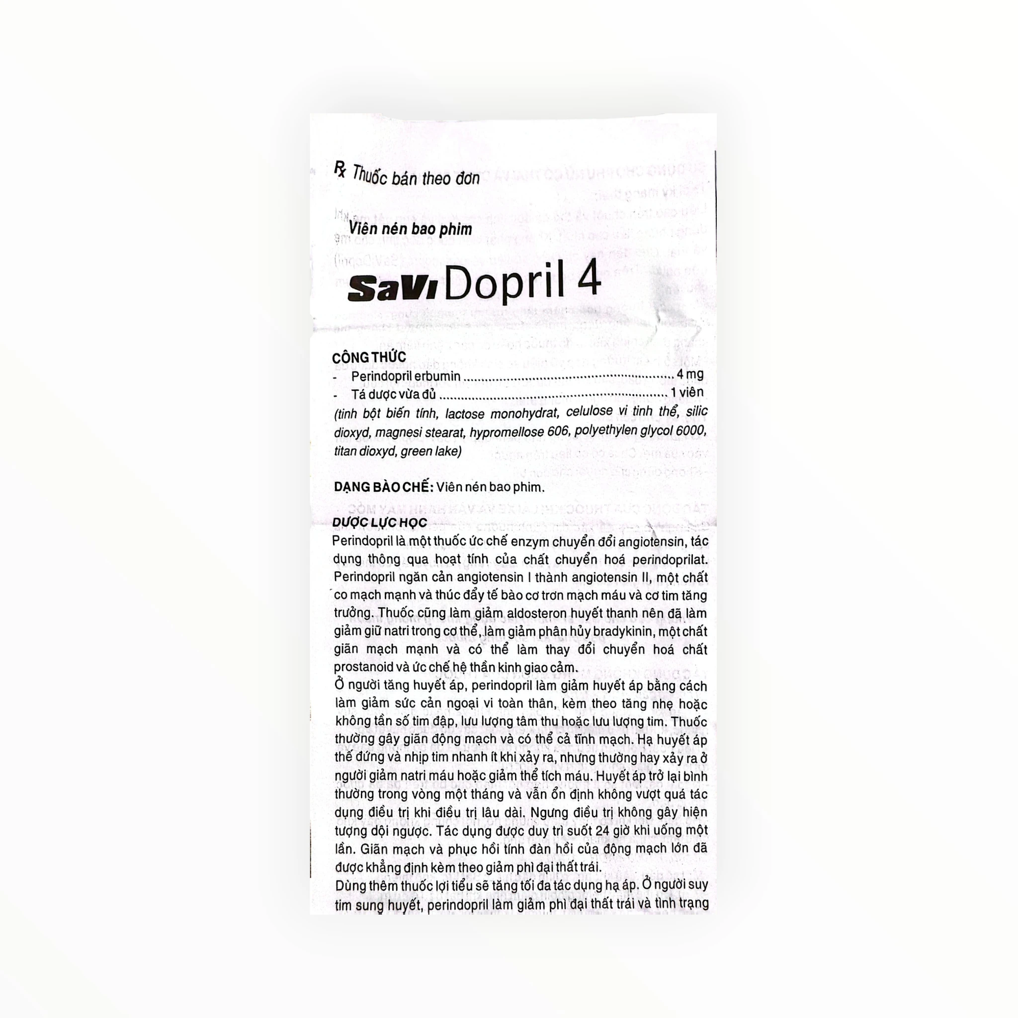 Thuốc SaVi Dopril 4 Perindopril điều trị tăng huyết áp, suy tim (Hộp 3 vỉ x 10 viên) 4 Tờ hướng dẫn sử dụng thuốc SaVi Dopril 4 Perindopril