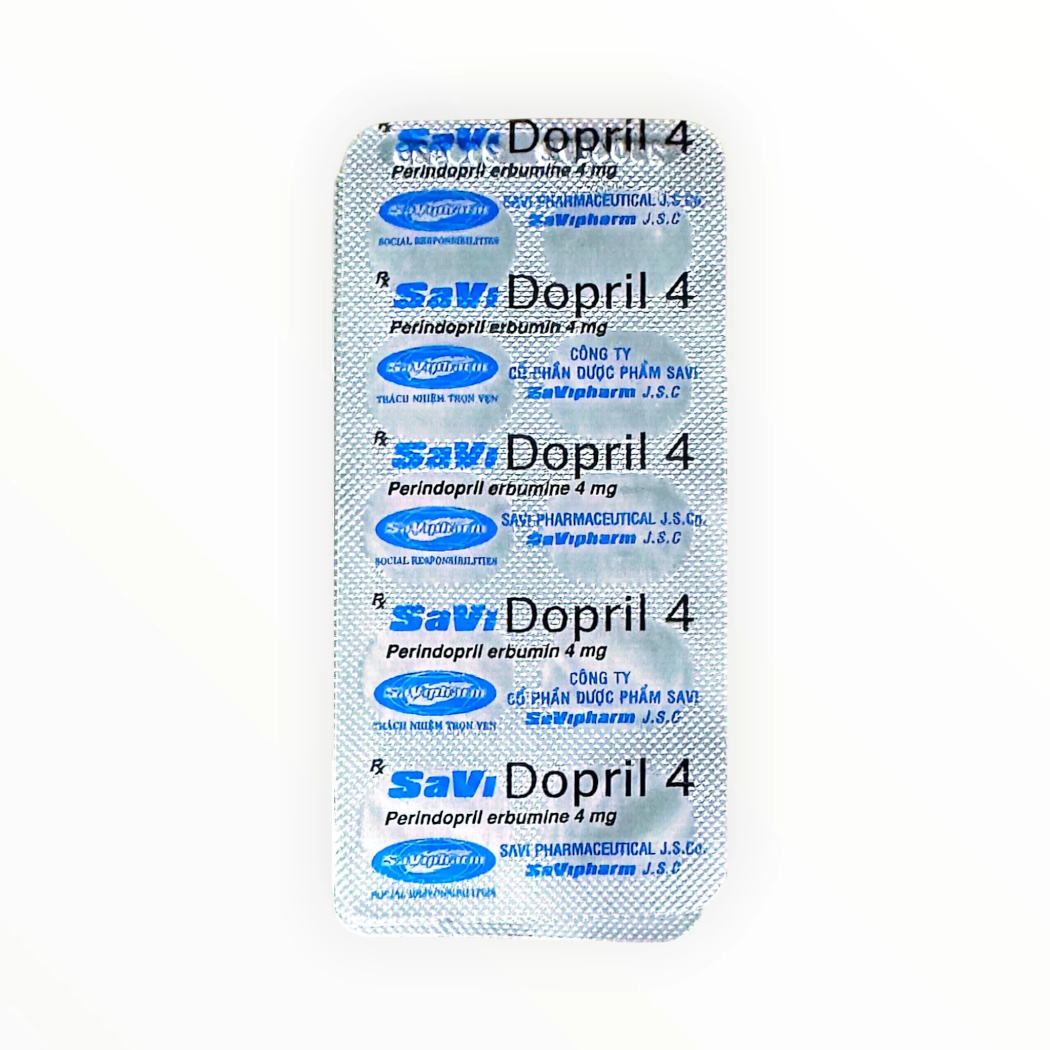 Thuốc SaVi Dopril 4 Perindopril điều trị tăng huyết áp, suy tim (Hộp 3 vỉ x 10 viên) 3 Vỉ thuốc SaVi Dopril 4 Perindopril