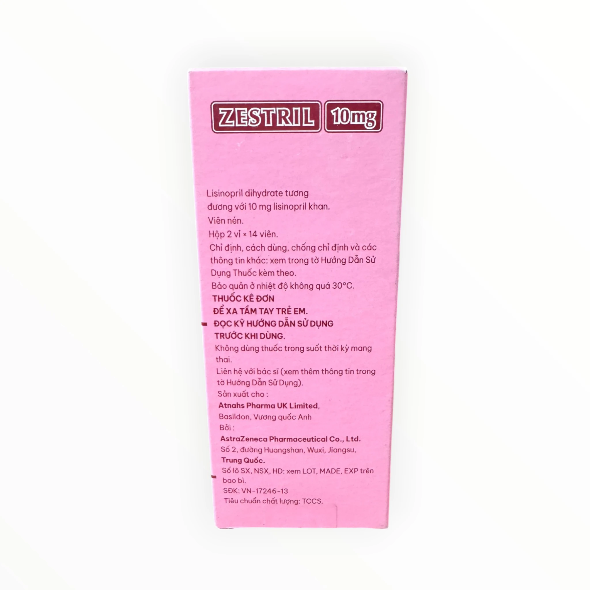 Thuốc Zestril 10mg Lisinopril điều trị tăng huyết áp, suy tim (Hộp 2 vỉ x 14 viên) 2 Hộp thuốc Zestril 10mg Lisinopril
