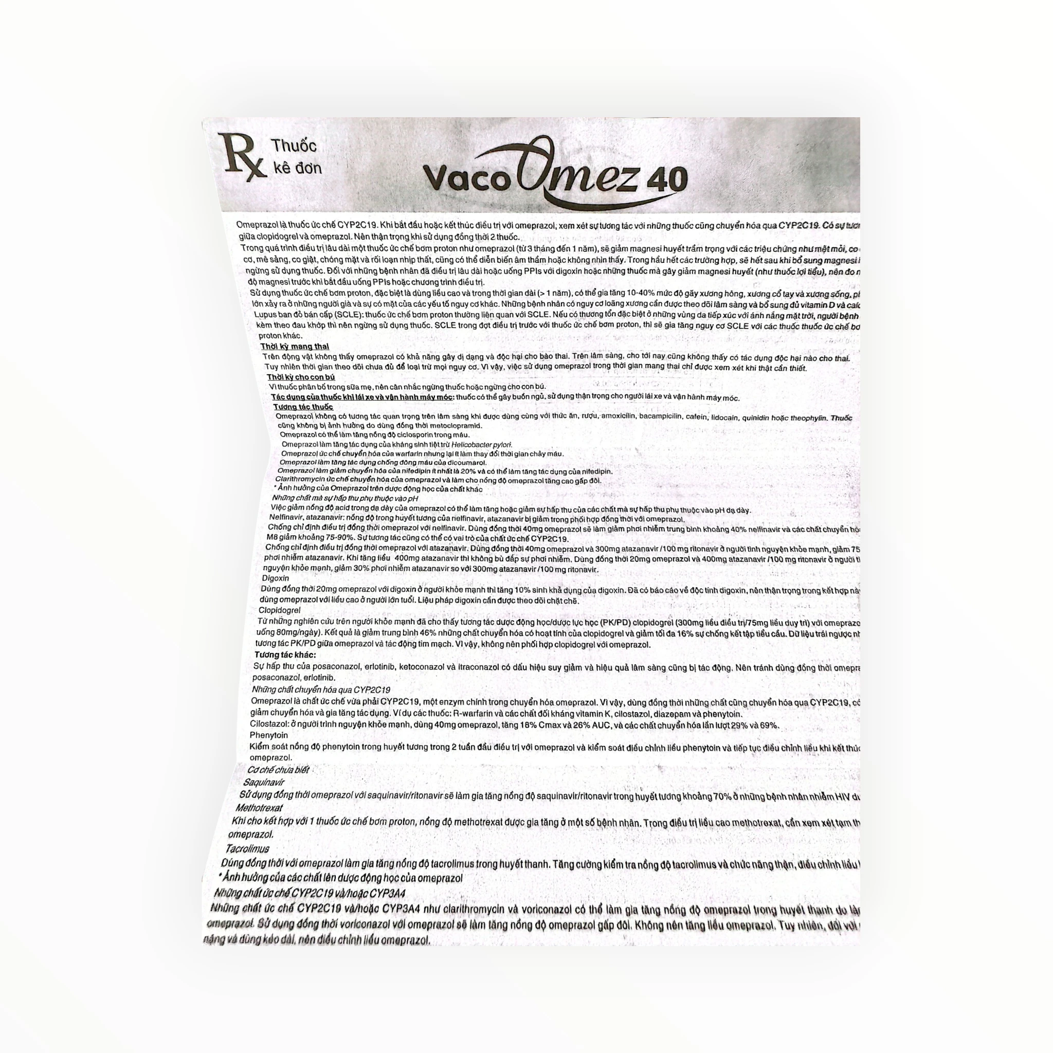 Thuốc VacoOmez 40 Omeprazol điều trị loét dạ dày tá tràng, viêm thực quản trào ngược (Hộp 10 vỉ x 10 viên) 7 VacoOmez 40 - tờ hướng dẫn sử dụng 3