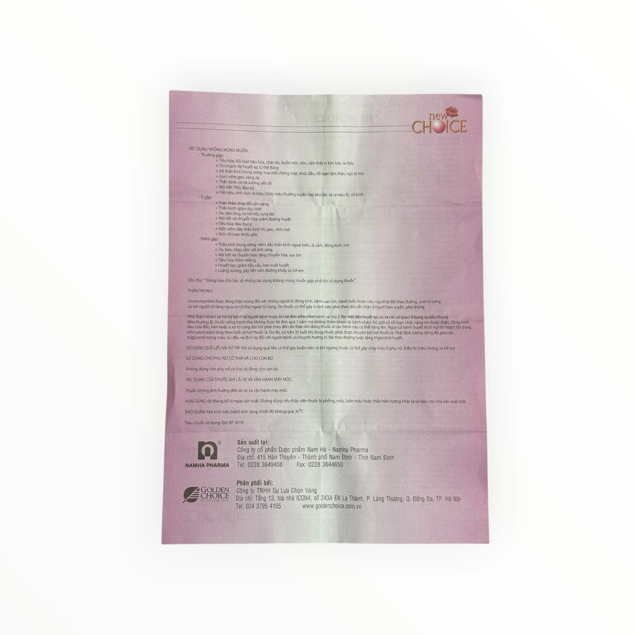 Viên nén bao phim New Choice Công ty Cổ Phần Dược Phẩm Nam Hà Thuốc tránh thai (Hộp 1 vỉ x 28 viên nén bao phim (21 viên vàng + 7 viên nâu)) 4 Tờ hướng dẫn sử dụng viên nén bao phim New Choice