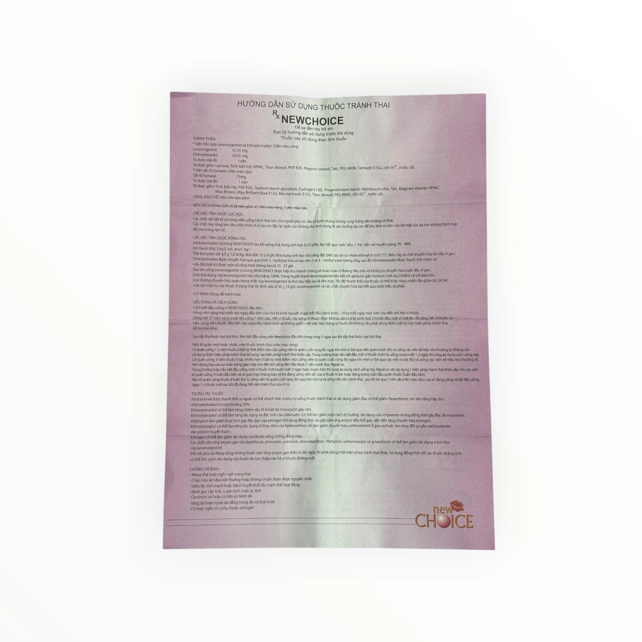 Viên nén bao phim New Choice Công ty Cổ Phần Dược Phẩm Nam Hà Thuốc tránh thai (Hộp 1 vỉ x 28 viên nén bao phim (21 viên vàng + 7 viên nâu)) 5 Tờ hướng dẫn sử dụng viên nén bao phim New Choice