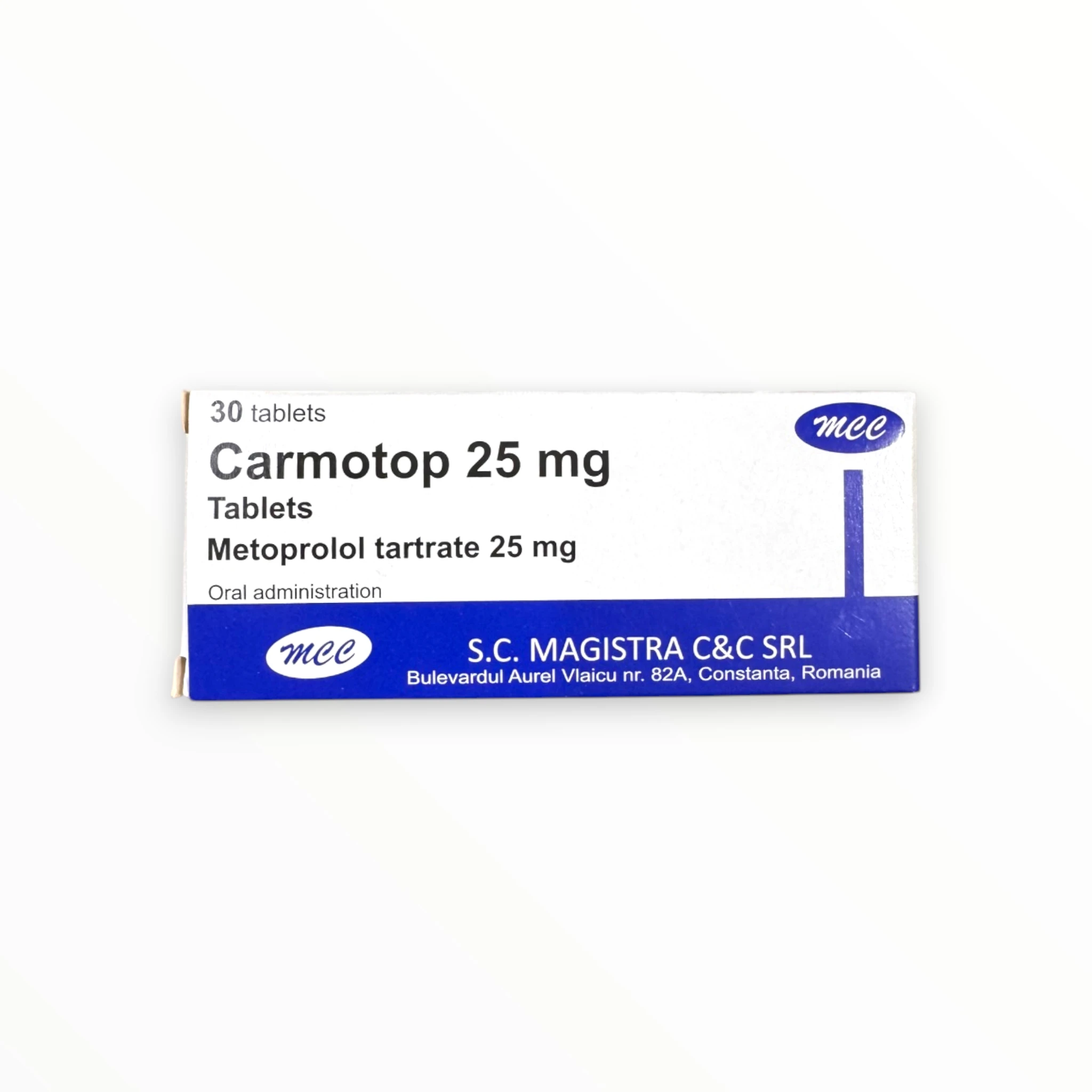 Viên nén Carmotop 25mg Magistra C&C Điều trị tăng huyết áp, đau thắt ngực, loạn nhịp tim (Hộp 3 vỉ x 10 viên nén) 1 Hộp viên nén Carmotop 25mg Magistra C&C