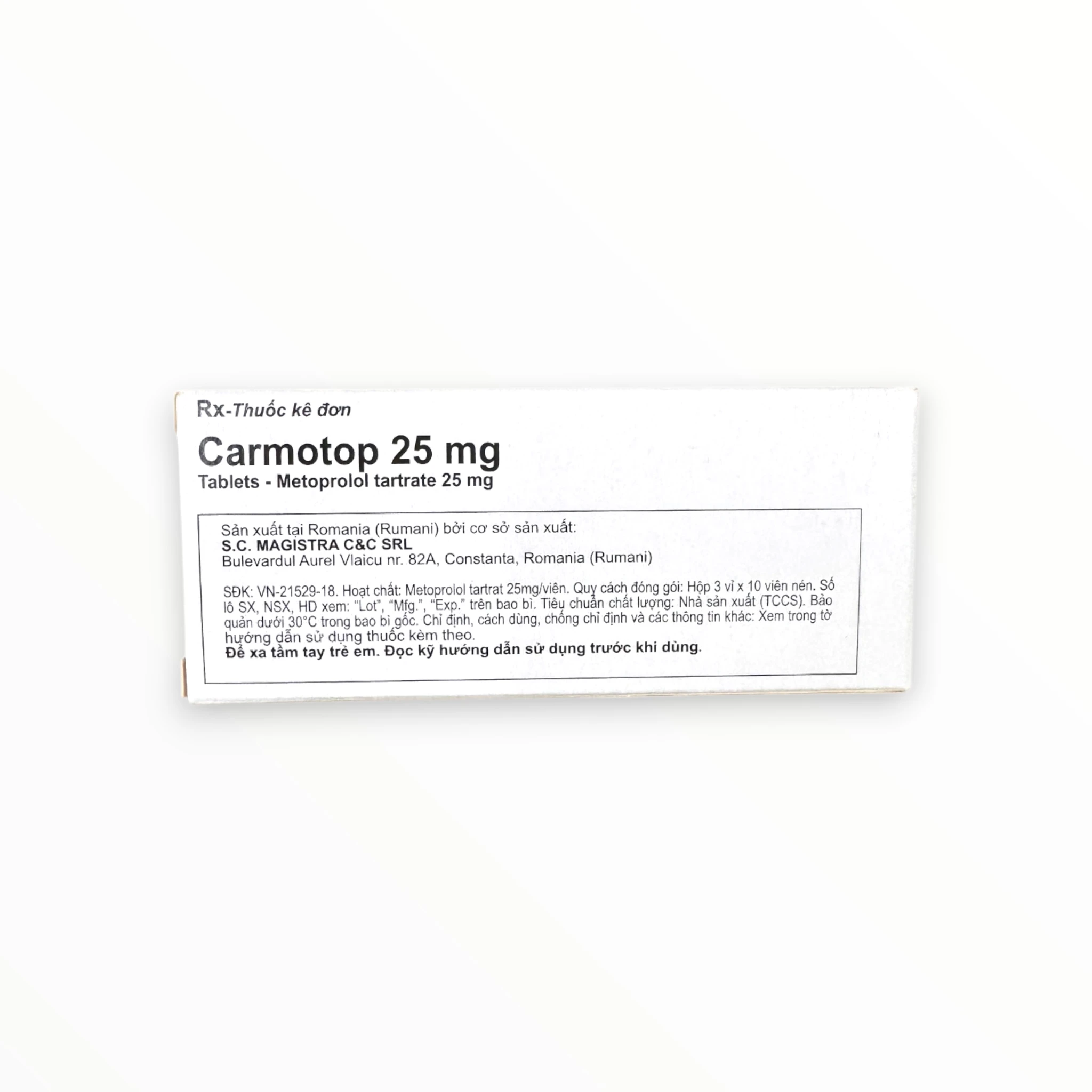 Viên nén Carmotop 25mg Magistra C&C Điều trị tăng huyết áp, đau thắt ngực, loạn nhịp tim (Hộp 3 vỉ x 10 viên nén) 3 Hộp viên nén Carmotop 25mg Magistra C&C