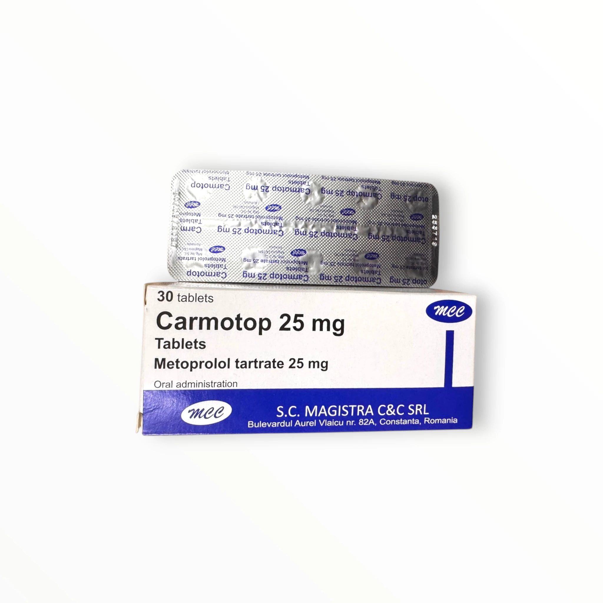 Viên nén Carmotop 25mg Magistra C&C Điều trị tăng huyết áp, đau thắt ngực, loạn nhịp tim (Hộp 3 vỉ x 10 viên nén) 4 Hộp viên nén Carmotop 25mg Magistra C&C