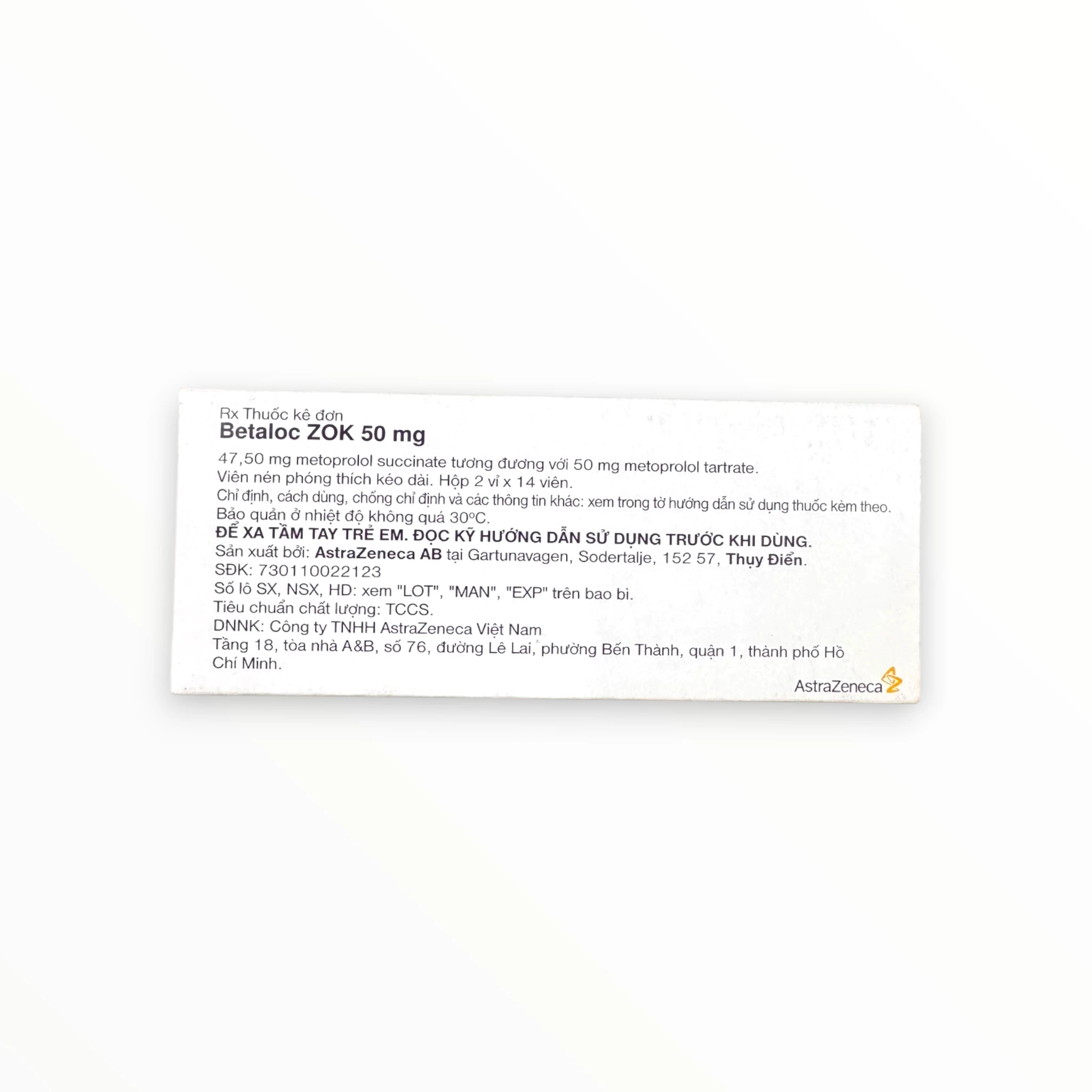 Viên nén phóng thích kéo dài Betaloc ZOK 50mg AstraZeneca Điều trị tăng huyết áp, đau thắt ngực, suy tim, rối loạn nhịp (Hộp 2 vỉ x 14 viên nén phóng thích kéo dài) 2 Hộp viên nén phóng thích kéo dài Betaloc ZOK 50mg AstraZeneca