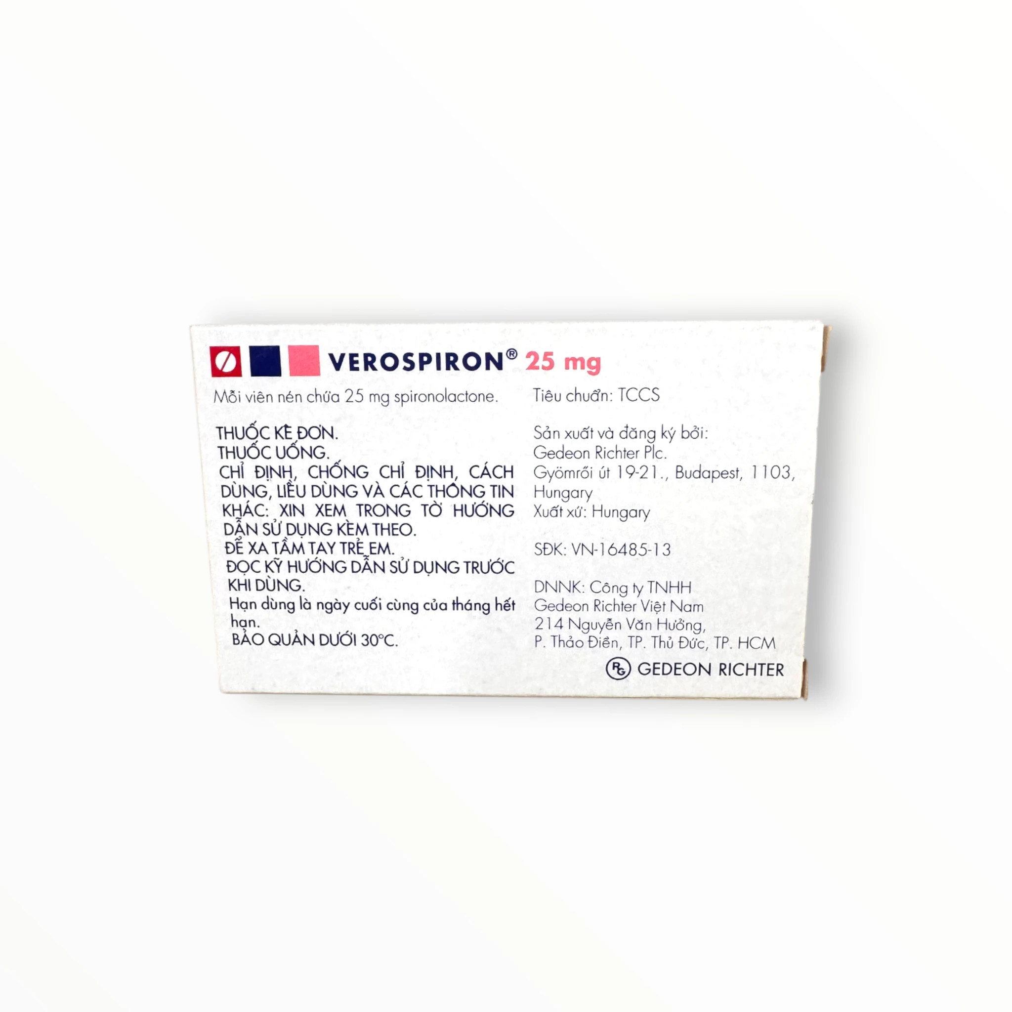 Viên nén Verospiron 25mg Gedeon Richter điều trị phù, cường aldosterone, giảm kali huyết, tăng huyết áp (Hộp 1 vỉ x 20 viên nén) 2 Hộp viên nén Verospiron 25mg Gedeon Richter