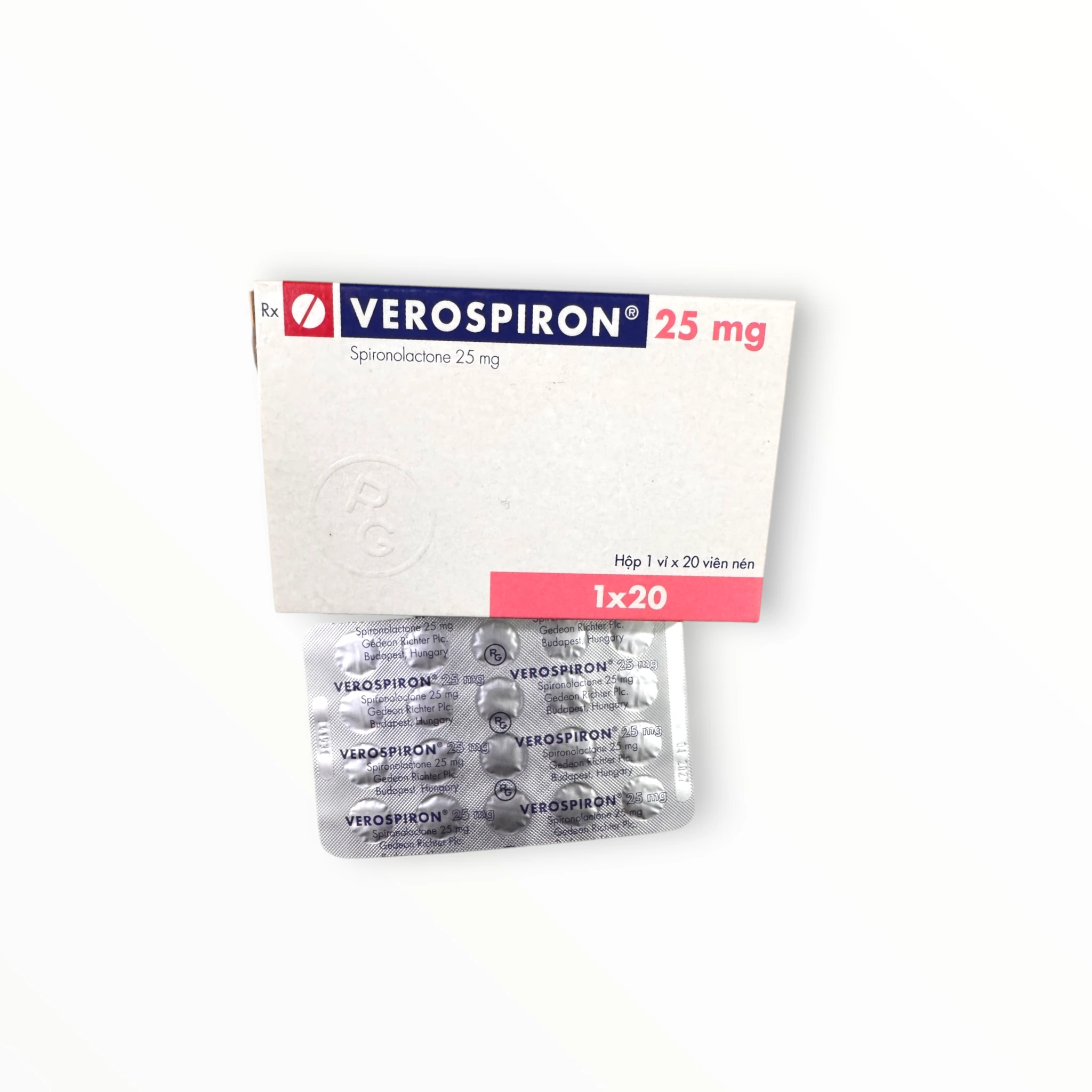 Viên nén Verospiron 25mg Gedeon Richter điều trị phù, cường aldosterone, giảm kali huyết, tăng huyết áp (Hộp 1 vỉ x 20 viên nén) 3 Hộp viên nén Verospiron 25mg Gedeon Richter